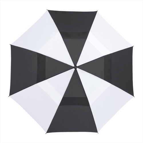 A black and white recycled golf umbrella featuring a central opening and a logo on the handle. A black and white recycled golf umbrella featuring a central opening and a logo on the handle.