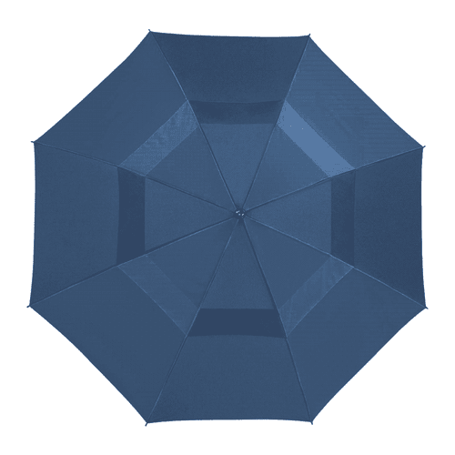 A navy blue, recycled golf umbrella featuring an octagonal shape and a central opening mechanism. It has a logo. A navy blue, recycled golf umbrella featuring an octagonal shape and a central opening mechanism. It has a logo.