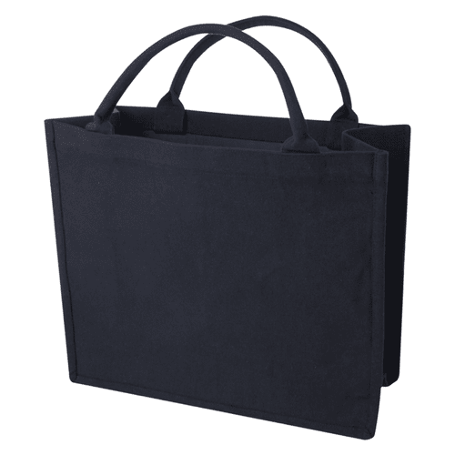 A black recycled tote bag with dual handles and a sturdy design. It features a simple structure and includes a logo.