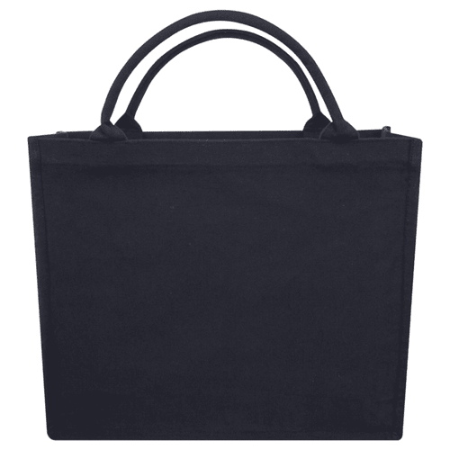 A black recycled tote bag with dual handles and a simple, unembellished design. It features a logo on the front.