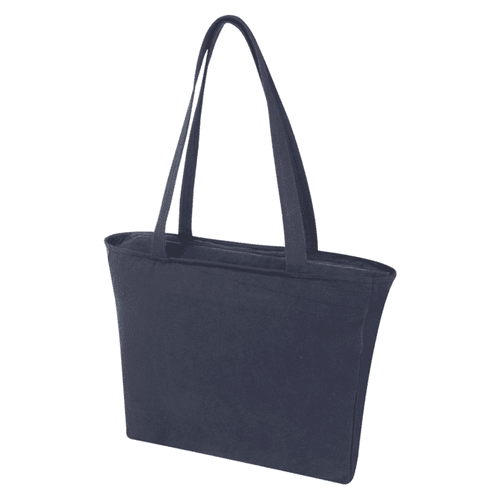 A dark blue recycled zip tote bag with two long handles and a rectangular shape. It has a logo on one side. A dark blue recycled zip tote bag with two long handles and a rectangular shape. It has a logo on one side.