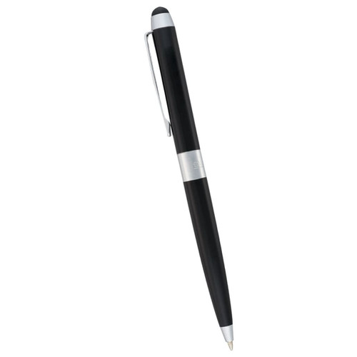 A black dual ballpoint stylus pen with a silver band and a clip for easy attachment. A black dual ballpoint stylus pen with a silver band and a clip for easy attachment.