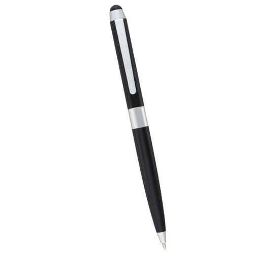 A black and silver dual ballpoint stylus pen with a sleek design and a clip for easy attachment. A black and silver dual ballpoint stylus pen with a sleek design and a clip for easy attachment.