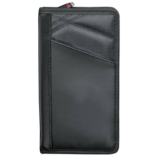 A black travel wallet with a zip closure, featuring a textured design and a logo. A black travel wallet with a zip closure, featuring a textured design and a logo.