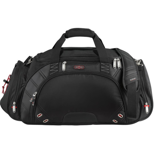 A black duffel bag featuring multiple zippers, handles, and a shoulder strap, with a logo on the front. A black duffel bag featuring multiple zippers, handles, and a shoulder strap, with a logo on the front.