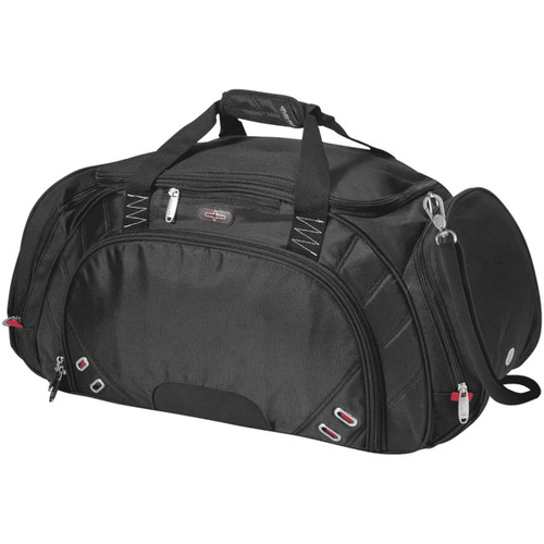 A black duffel bag with multiple compartments, handles, and a shoulder strap. It features logos and branding. A black duffel bag with multiple compartments, handles, and a shoulder strap. It features logos and branding.