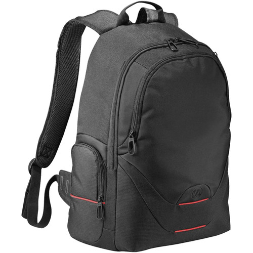 A black Elleven Motion Compu Backpack with multiple compartments and a branded logo. Features padded shoulder straps.