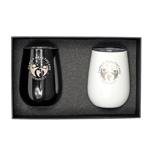 A drink cup giftset featuring a black and a white insulated cup, both with branding, in a gift box. A drink cup giftset featuring a black and a white insulated cup, both with branding, in a gift box.