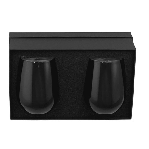 A drink bottle gift set featuring two black insulated cups packaged in a sleek black box with a foam insert. A drink bottle gift set featuring two black insulated cups packaged in a sleek black box with a foam insert.