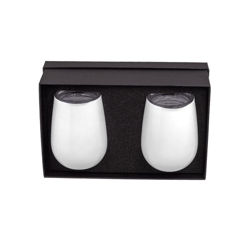 A drink bottle gift set featuring two white insulated cups in a black box with a foam insert. A drink bottle gift set featuring two white insulated cups in a black box with a foam insert.