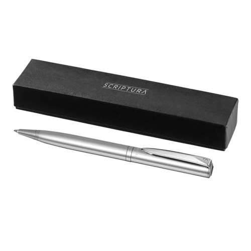 A silver metal ballpoint pen with a sleek design, placed next to a black gift box featuring a logo. A silver metal ballpoint pen with a sleek design, placed next to a black gift box featuring a logo.