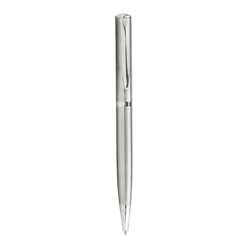 A sleek silver metal ballpoint pen with a streamlined design and a subtle branding logo. A sleek silver metal ballpoint pen with a streamlined design and a subtle branding logo.
