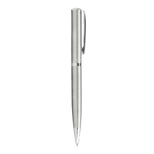 A silver metal ballpoint pen with a sleek design and clip, featuring a branding logo. A silver metal ballpoint pen with a sleek design and clip, featuring a branding logo.