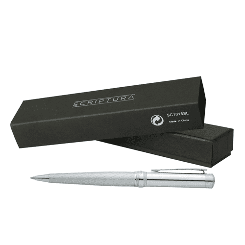 A silver metal ballpoint pen with a textured grip, presented in a sleek black box with a logo. A silver metal ballpoint pen with a textured grip, presented in a sleek black box with a logo.