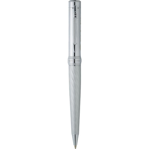A sleek silver ballpoint pen with a spiral design and a shiny finish, featuring a branding logo. A sleek silver ballpoint pen with a spiral design and a shiny finish, featuring a branding logo.