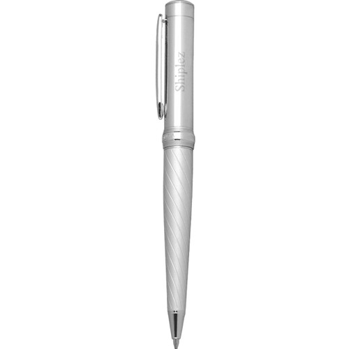 A silver metal ballpoint pen with a spiral design and a clip, featuring a logo on its body. A silver metal ballpoint pen with a spiral design and a clip, featuring a logo on its body.