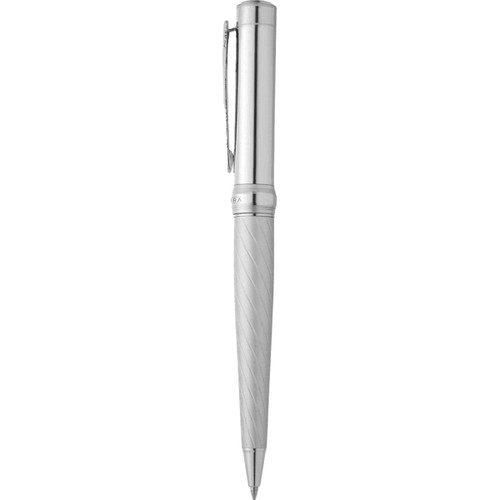 A silver ballpoint pen with a striated design and a clip, featuring a branding logo. A silver ballpoint pen with a striated design and a clip, featuring a branding logo.
