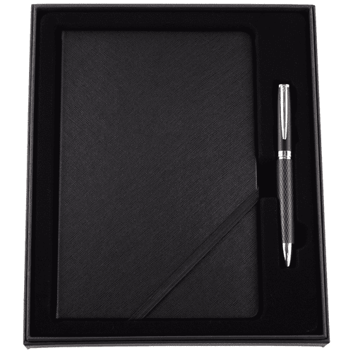 A black notebook with a textured finish and a silver pen, presented in a stylish gift box. A black notebook with a textured finish and a silver pen, presented in a stylish gift box.