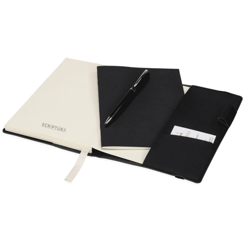 A black notebook and a black pen inside a black leather-like gift set, with a smaller white notebook included. A black notebook and a black pen inside a black leather-like gift set, with a smaller white notebook included.
