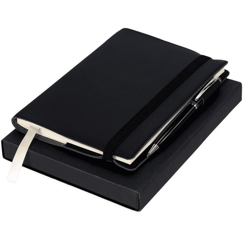 A black notebook with an elastic band and a pen, both presented in a black gift box. A black notebook with an elastic band and a pen, both presented in a black gift box.