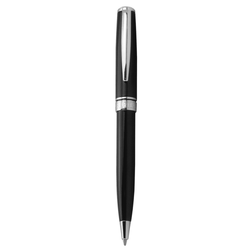 A black ballpoint pen with a twist action mechanism and silver accents, featuring a logo on the body. A black ballpoint pen with a twist action mechanism and silver accents, featuring a logo on the body.