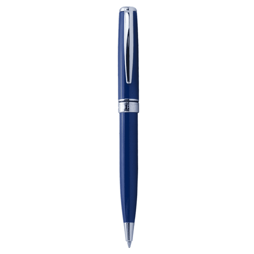 A twist action ballpoint pen in blue with chrome accents and a sleek design, featuring a logo. A twist action ballpoint pen in blue with chrome accents and a sleek design, featuring a logo.