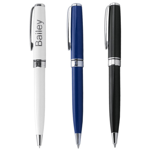 A group of three Scriptura Slick ballpoint twist action pens in white, blue, and black with a logo on each. A group of three Scriptura Slick ballpoint twist action pens in white, blue, and black with a logo on each.