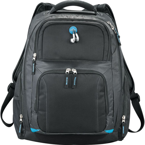 A black checkpoint-friendly laptop backpack with multiple zippered compartments and a blue accent. Features a logo. A black checkpoint-friendly laptop backpack with multiple zippered compartments and a blue accent. Features a logo.
