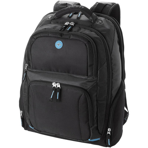 A black laptop backpack with multiple pockets and zippers, featuring a blue accent and a logo. A black laptop backpack with multiple pockets and zippers, featuring a blue accent and a logo.