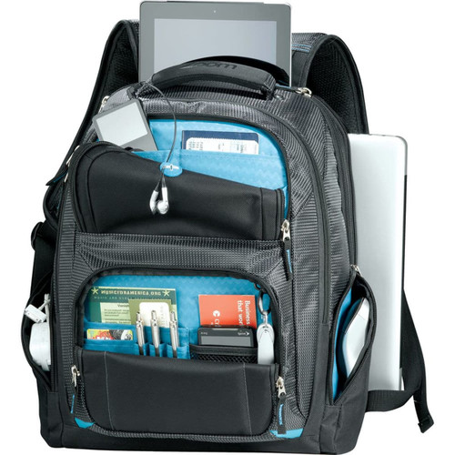 A black and blue checkpoint-friendly backpack with multiple pockets, a laptop compartment, and various accessories. A black and blue checkpoint-friendly backpack with multiple pockets, a laptop compartment, and various accessories.