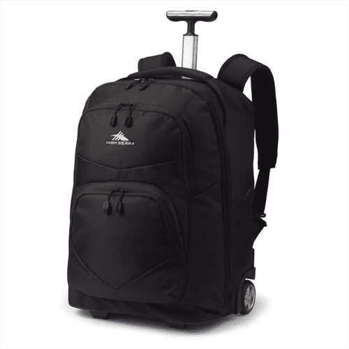 A black wheeled backpack with a retractable handle and various compartments, featuring a logo.