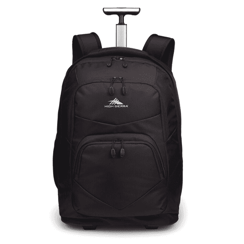 A black wheeled backpack with a retractable handle and multiple zippered compartments. Features a logo.