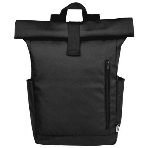 A black roll-top backpack made from GRS RPET material, featuring side pockets and a branding logo. A black roll-top backpack made from GRS RPET material, featuring side pockets and a branding logo.