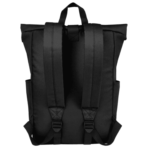 A black roll-top backpack with adjustable straps and side pockets, featuring a logo on the back. A black roll-top backpack with adjustable straps and side pockets, featuring a logo on the back.