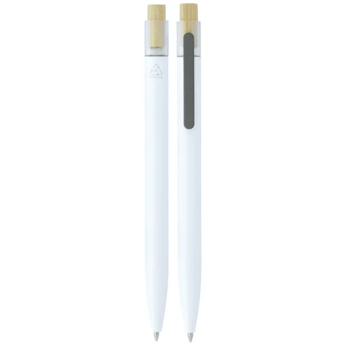 Recycled aluminium pen with bamboo clicker in white. Features a logo and sleek, minimalist design.