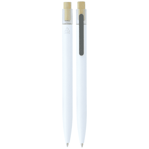 Recycled aluminium pen with bamboo clicker in white. Features a logo and sleek, minimalist design.