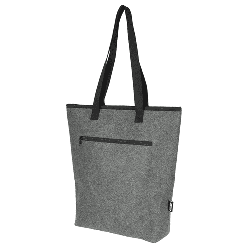 A grey felt cooler tote bag with a zipper pocket and black handles, designed for carrying drinks. A grey felt cooler tote bag with a zipper pocket and black handles, designed for carrying drinks.