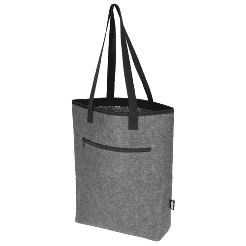 A grey felt cooler tote bag with black handles and a zippered pocket, featuring a branded label. A grey felt cooler tote bag with black handles and a zippered pocket, featuring a branded label.