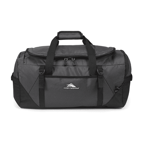 A grey duffel backpack with sturdy handles, adjustable shoulder straps, and a branded logo. A grey duffel backpack with sturdy handles, adjustable shoulder straps, and a branded logo.