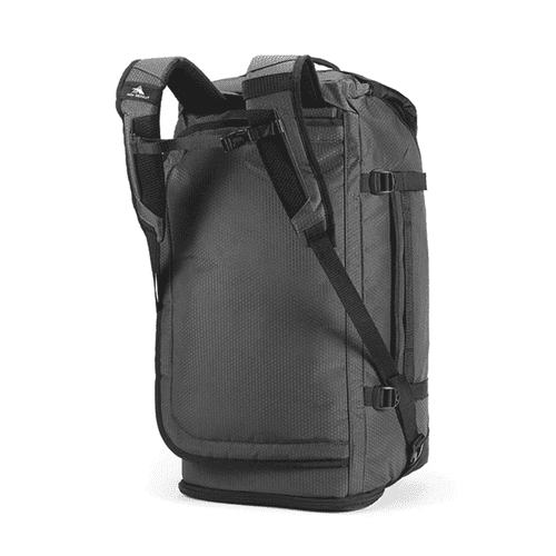 A grey duffel backpack with adjustable straps and buckles, featuring a logo. A grey duffel backpack with adjustable straps and buckles, featuring a logo.