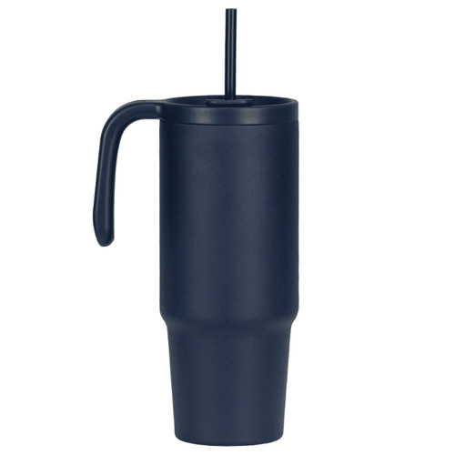 A drink bottle in navy blue with a handle and a straw, made from recycled material, 900ml capacity. A drink bottle in navy blue with a handle and a straw, made from recycled material, 900ml capacity.
