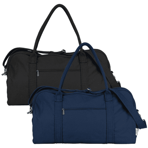 A recycled canvas duffel bag in black and navy, featuring carrying handles and external zip pockets. A recycled canvas duffel bag in black and navy, featuring carrying handles and external zip pockets.