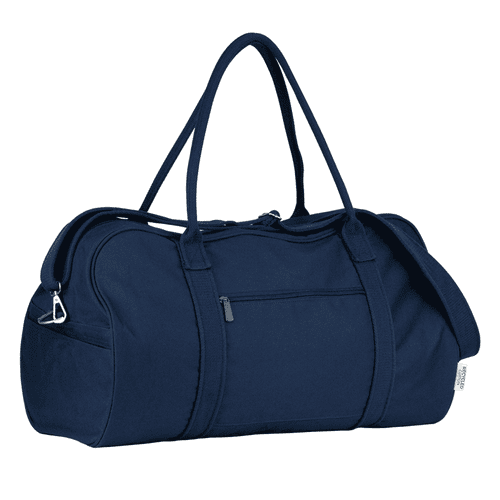 A navy blue duffle bag with a zippered main compartment and sturdy handles, featuring a small front pocket and branding. A navy blue duffle bag with a zippered main compartment and sturdy handles, featuring a small front pocket and branding.