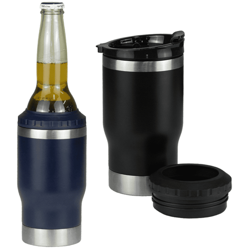 A drink bottle with a navy blue and stainless steel finish, designed as a tumbler cooler with a removable lid. A drink bottle with a navy blue and stainless steel finish, designed as a tumbler cooler with a removable lid.