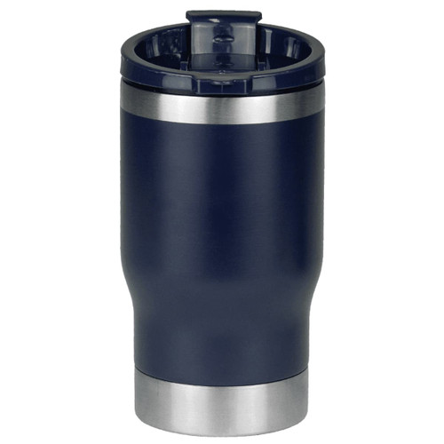 A drink bottle featuring a navy finish with a stainless steel base and a removable lid, including a logo. A drink bottle featuring a navy finish with a stainless steel base and a removable lid, including a logo.