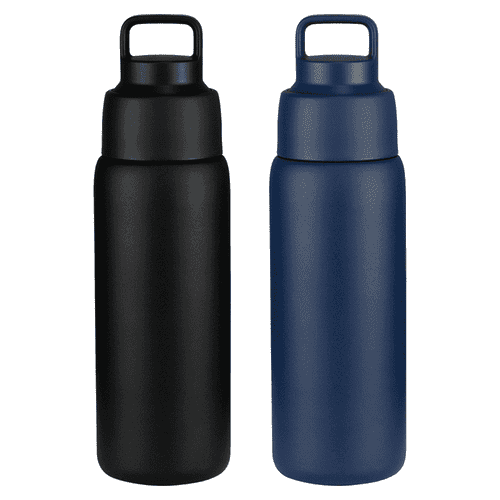A drink bottle set featuring a matte black and a matte navy blue vacuum bottle, both with handles and logos. A drink bottle set featuring a matte black and a matte navy blue vacuum bottle, both with handles and logos.