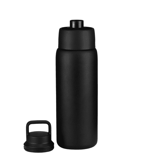 A drink bottle in matte black, featuring a screw-on lid and a handle. Includes a separate lid. A drink bottle in matte black, featuring a screw-on lid and a handle. Includes a separate lid.