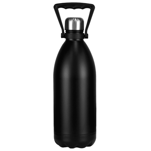 A drink bottle in matte black, featuring a stainless steel lid and a handle for easy carrying. A drink bottle in matte black, featuring a stainless steel lid and a handle for easy carrying.
