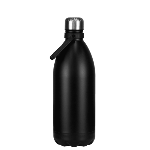 A drink bottle in matte black stainless steel with a silver lid and a small handle. It features a logo on the side. A drink bottle in matte black stainless steel with a silver lid and a small handle. It features a logo on the side.