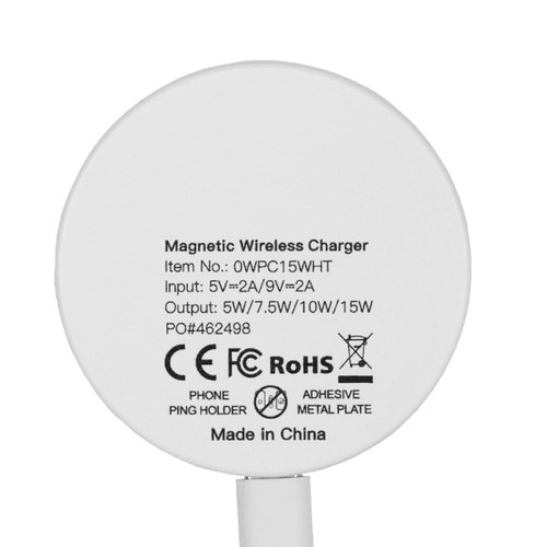 A round white magnetic wireless charger with an attached cable and a logo, featuring various certification marks. A round white magnetic wireless charger with an attached cable and a logo, featuring various certification marks.